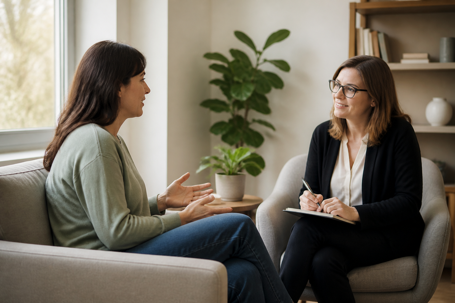 Cliente conversa com uma terapeuta em um consultório acolhedor e iluminado.