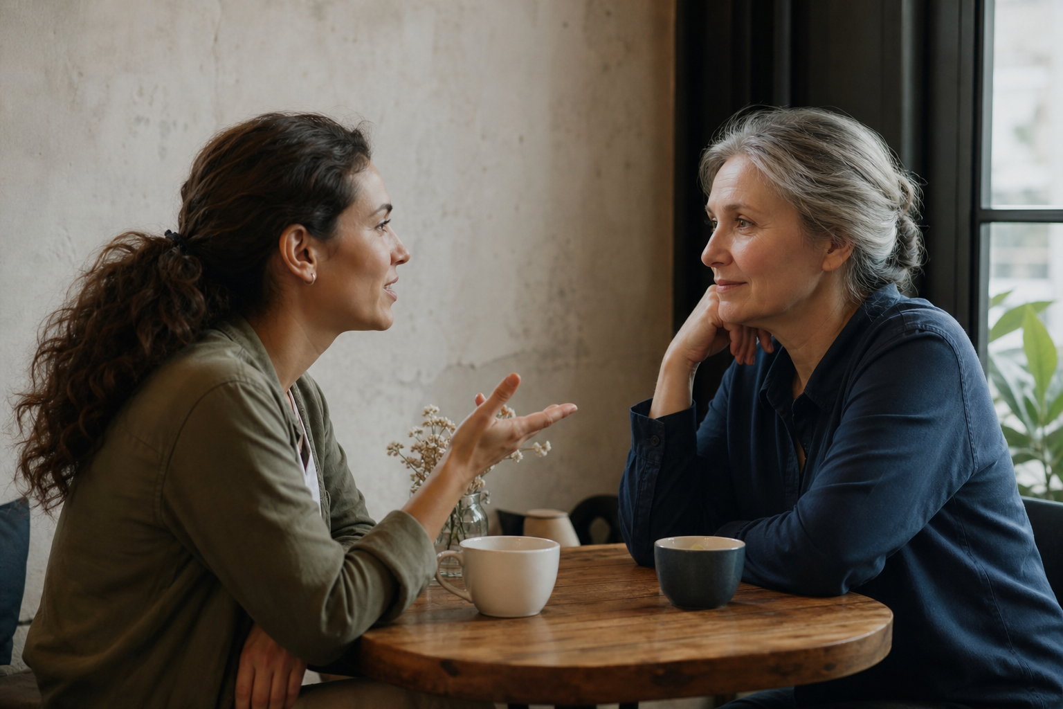 Dois familiares conversam com calma e escuta respeitosa em um café.
