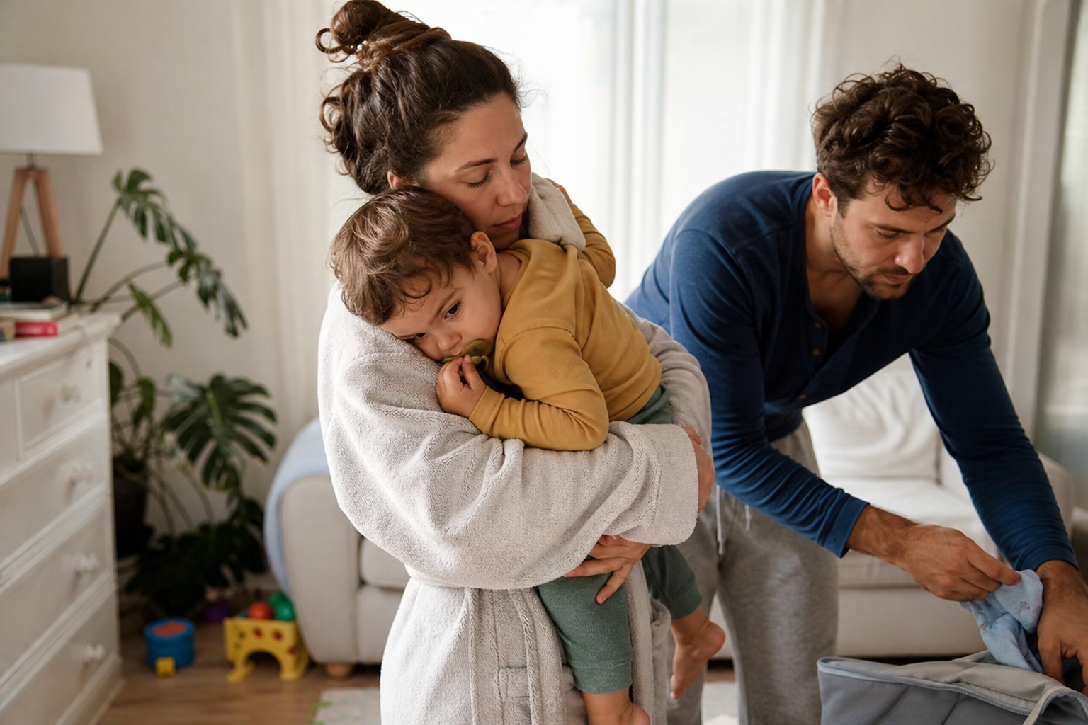 Dois pais cuidam juntos do filho em casa, dividindo as tarefas apesar do cansaço.