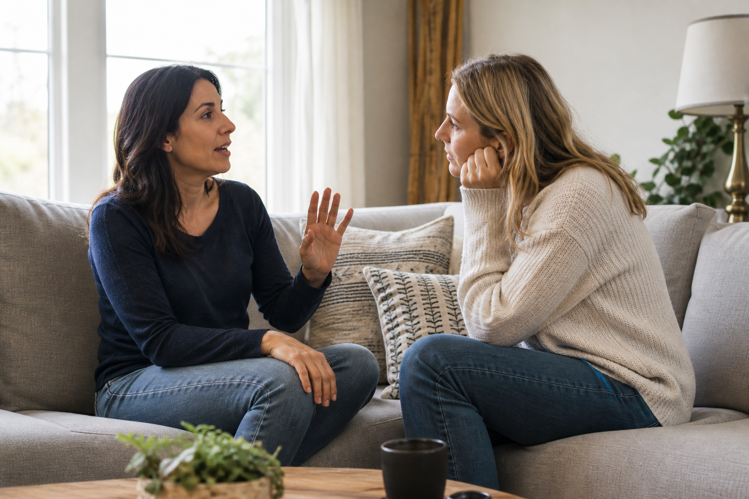 Duas amigas conversam com atenção e respeito em uma sala de estar.