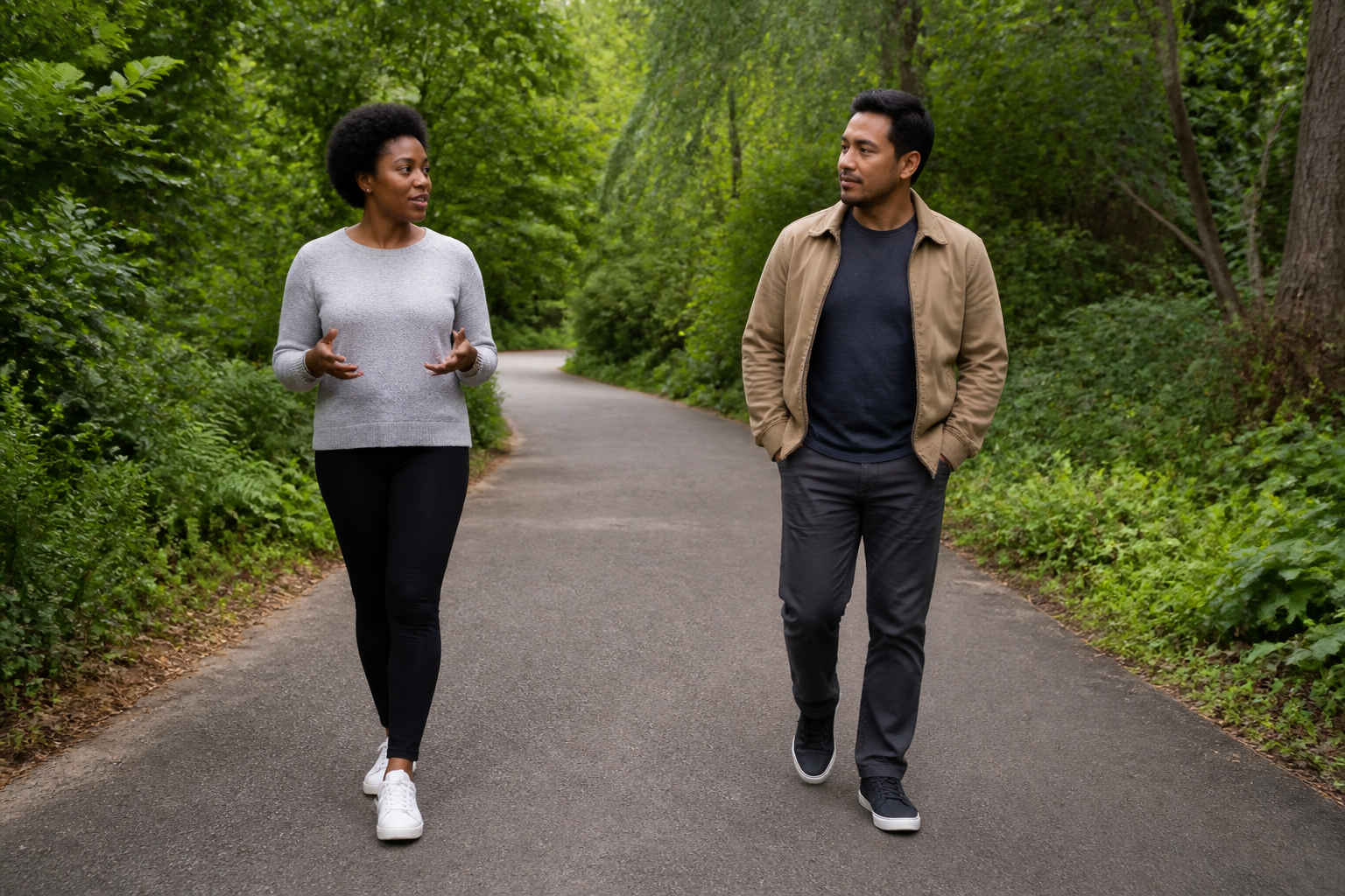 Duas pessoas caminham lado a lado em um parque, conversando com atenção e mantendo um espaço confortável entre elas.