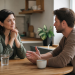 Como apoiar alguém com dependência de álcool Duas pessoas conversam com atenção à mesa de casa, em um momento de apoio.
