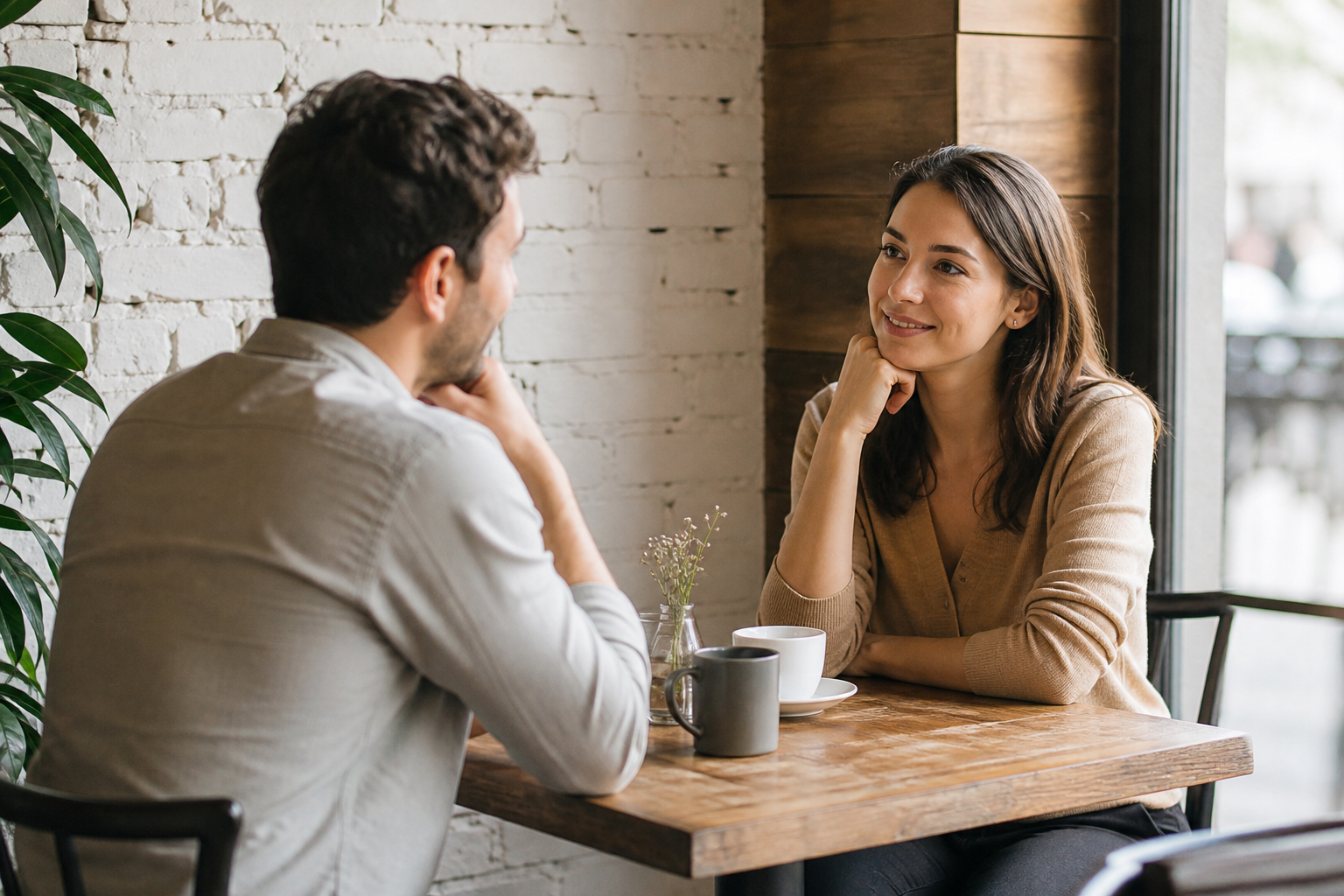 Duas pessoas conversam e sorriem em um café, mantendo uma postura relaxada e demonstrando interesse mútuo.
