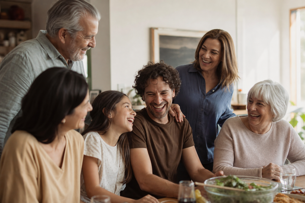 Familiares e amigos de diferentes gerações compartilham um momento de carinho à mesa.