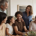 Amor storge: o vínculo de afeto entre família e amigos Familiares e amigos de diferentes gerações compartilham um momento de carinho à mesa.