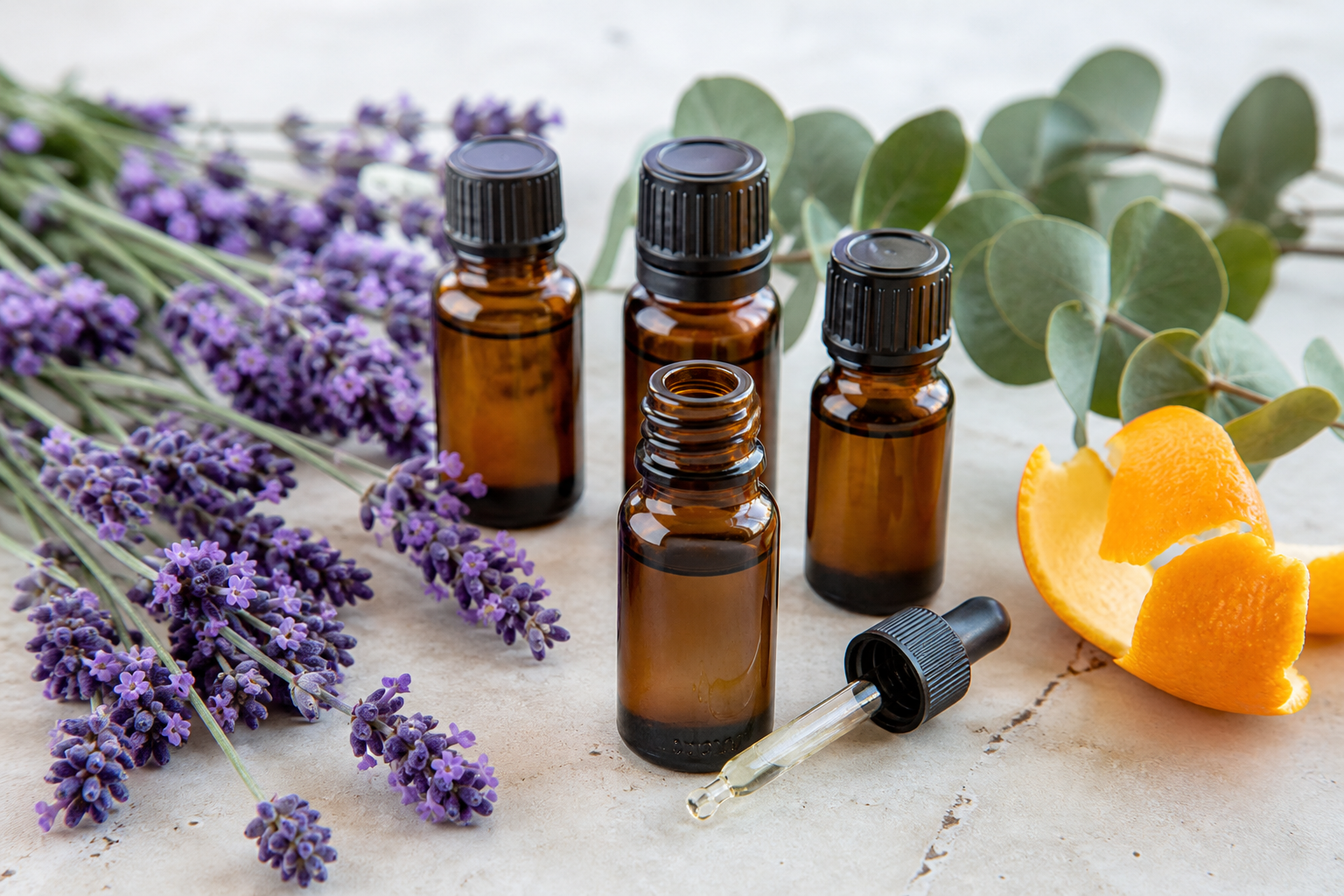 Frascos sem rótulo de óleos essenciais dispostos com lavanda, folhas de eucalipto e cascas cítricas.