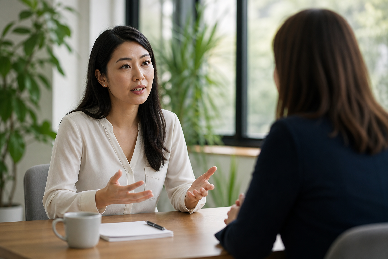 Funcionária conversa com o gestor em uma reunião individual sobre suas necessidades de trabalho.
