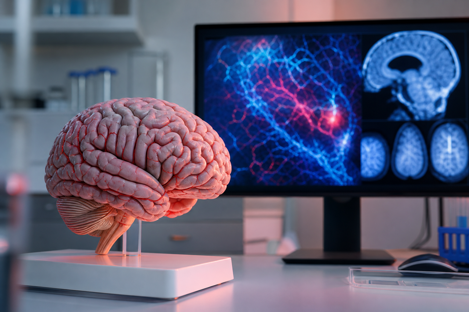 Modelo de cérebro em uma bancada de pesquisa, ao lado de uma tela com padrões abstratos de atividade neural.