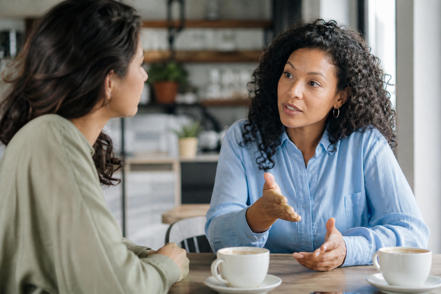 Mulher conversa com uma amiga e expressa seus limites com calma.