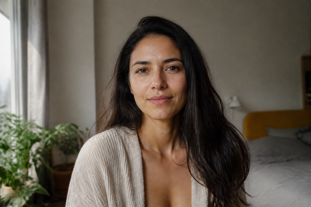 Mulher em casa olha para a câmera com expressão tranquila e natural.