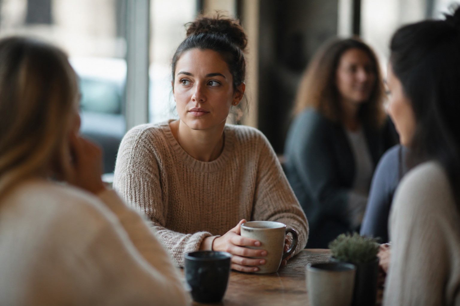 Mulher em um café com outras pessoas, ouvindo a conversa enquanto segura uma xícara.