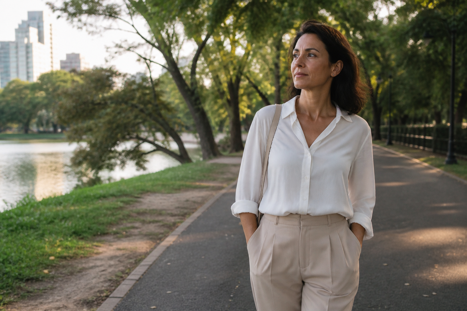 Mulher faz uma caminhada tranquila no parque após o expediente, longe do celular.