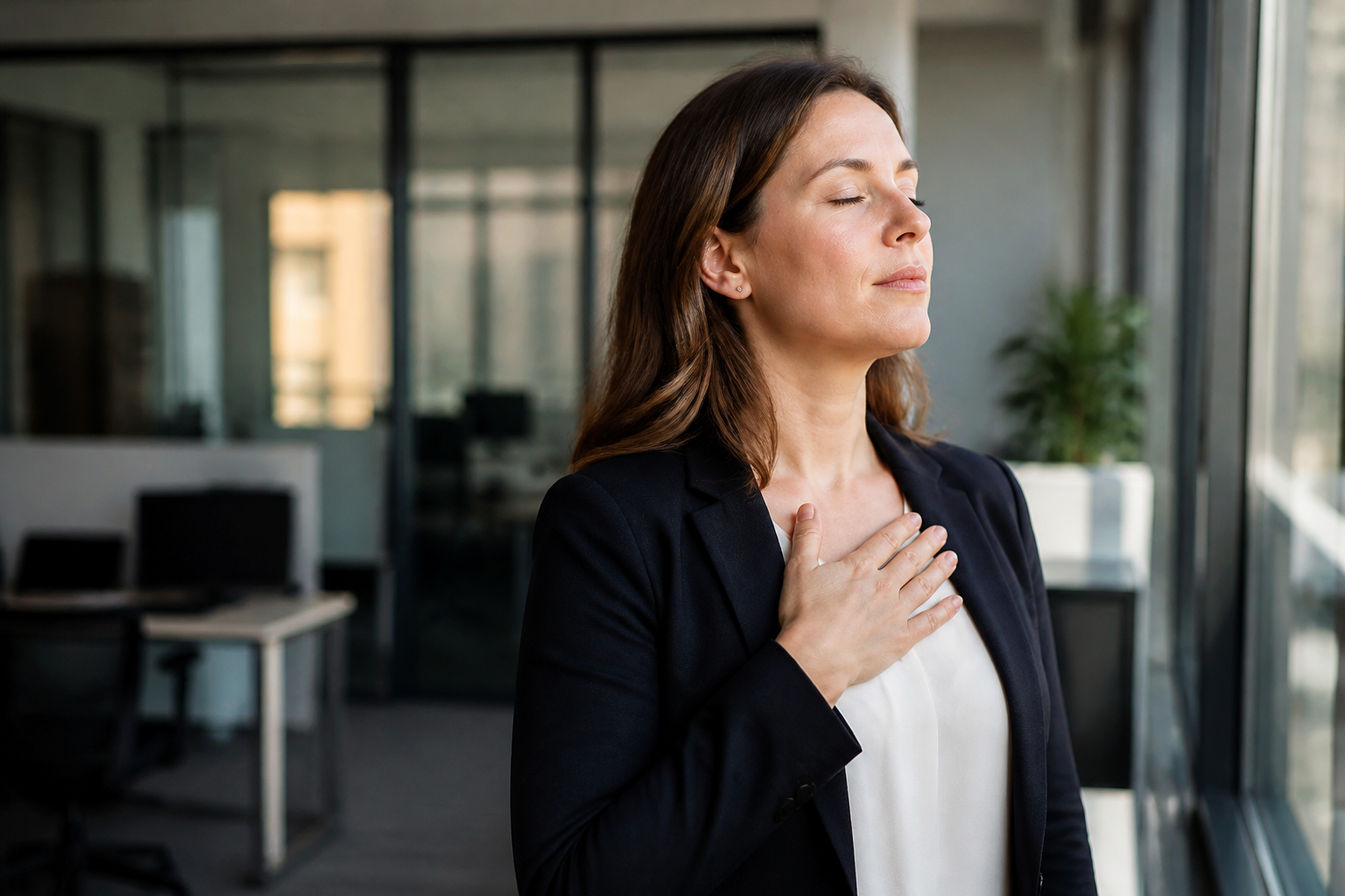 Mulher respira fundo perto de uma janela para recuperar a calma após uma conversa tensa.