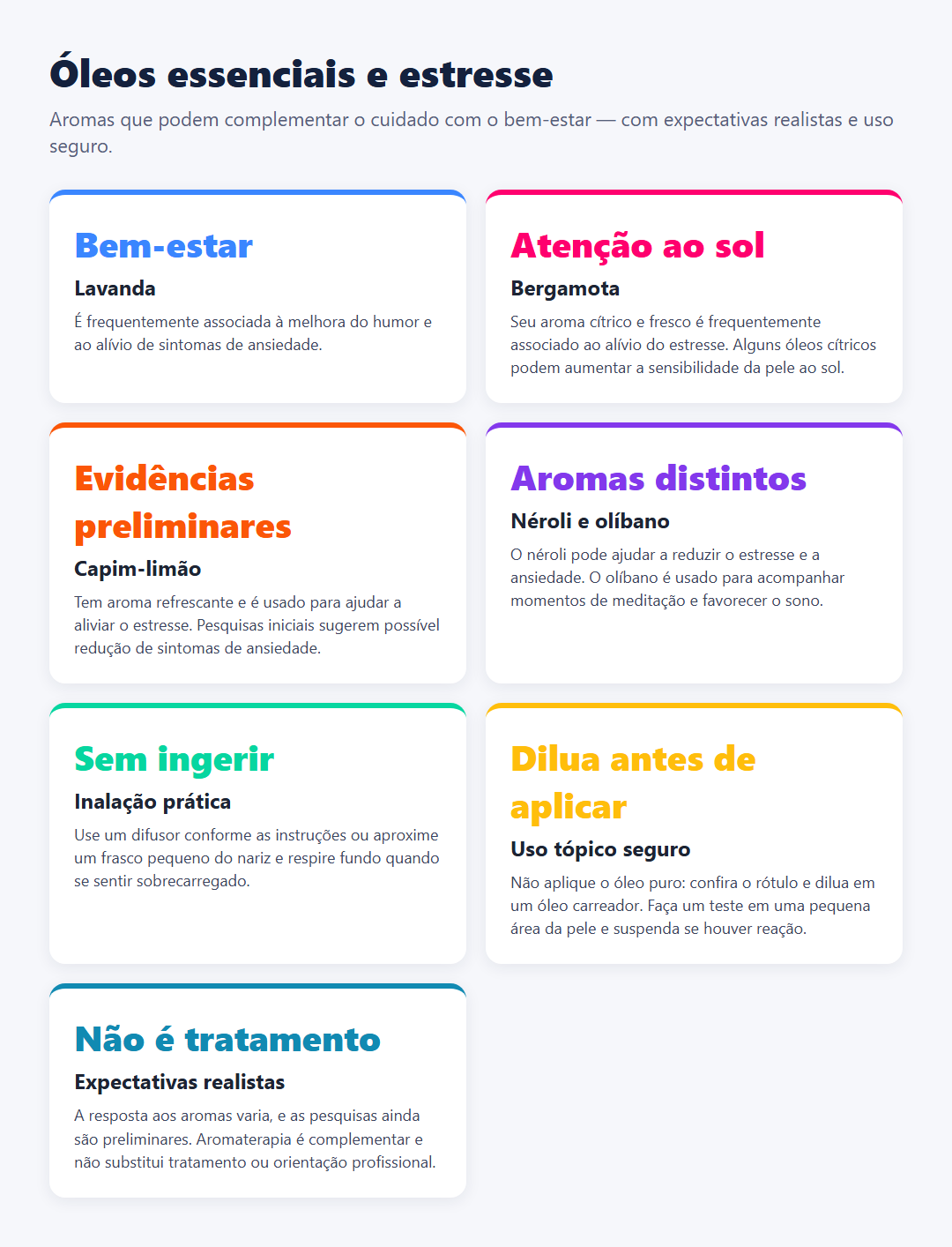Infográfico em grade apresenta óleos essenciais associados ao alívio do estresse, formas práticas de inalação, cuidados para aplicação na pele e a ressalva de que as evidências são preliminares.