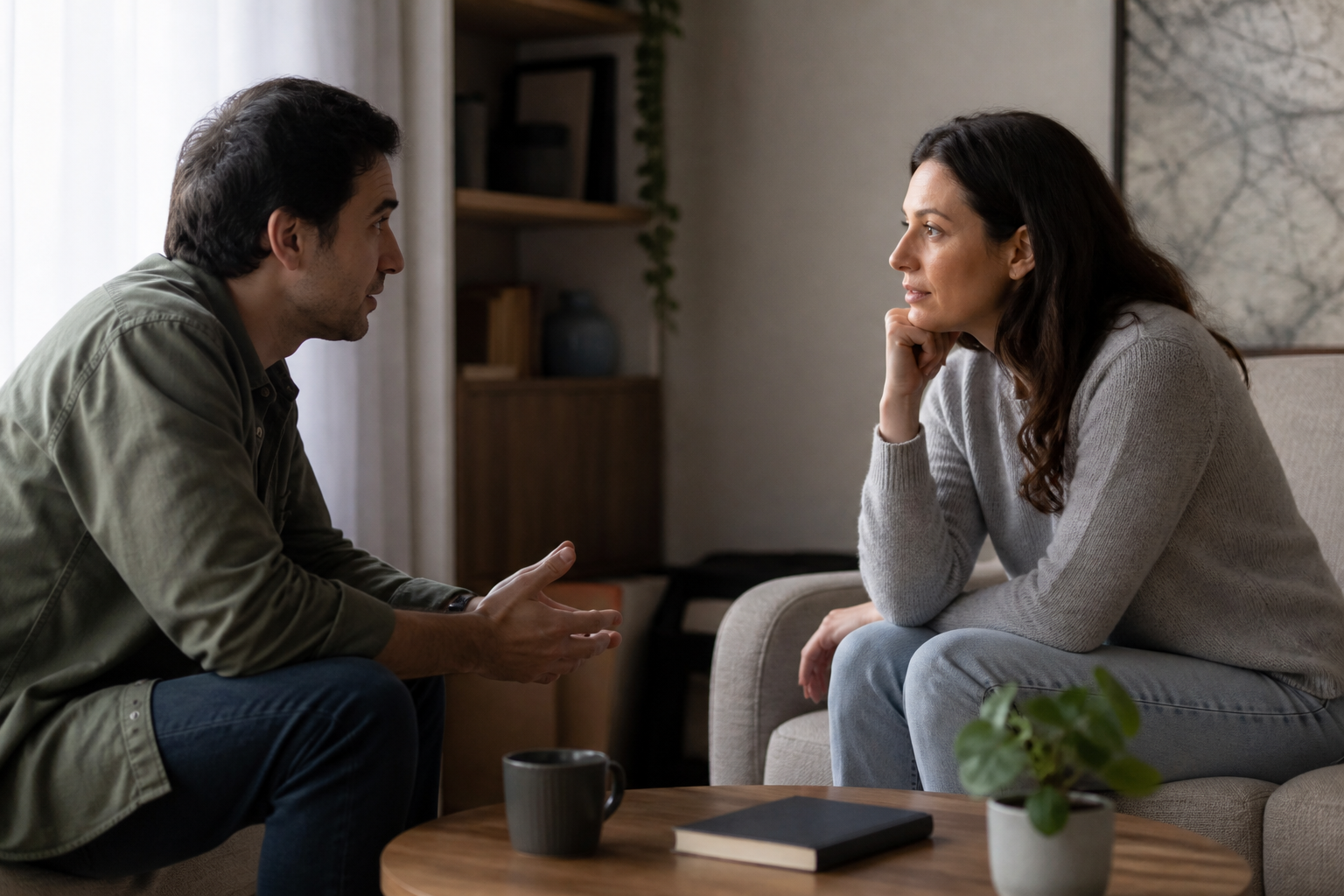 Parceiros conversam frente a frente em casa, com atenção e disposição para se compreender.