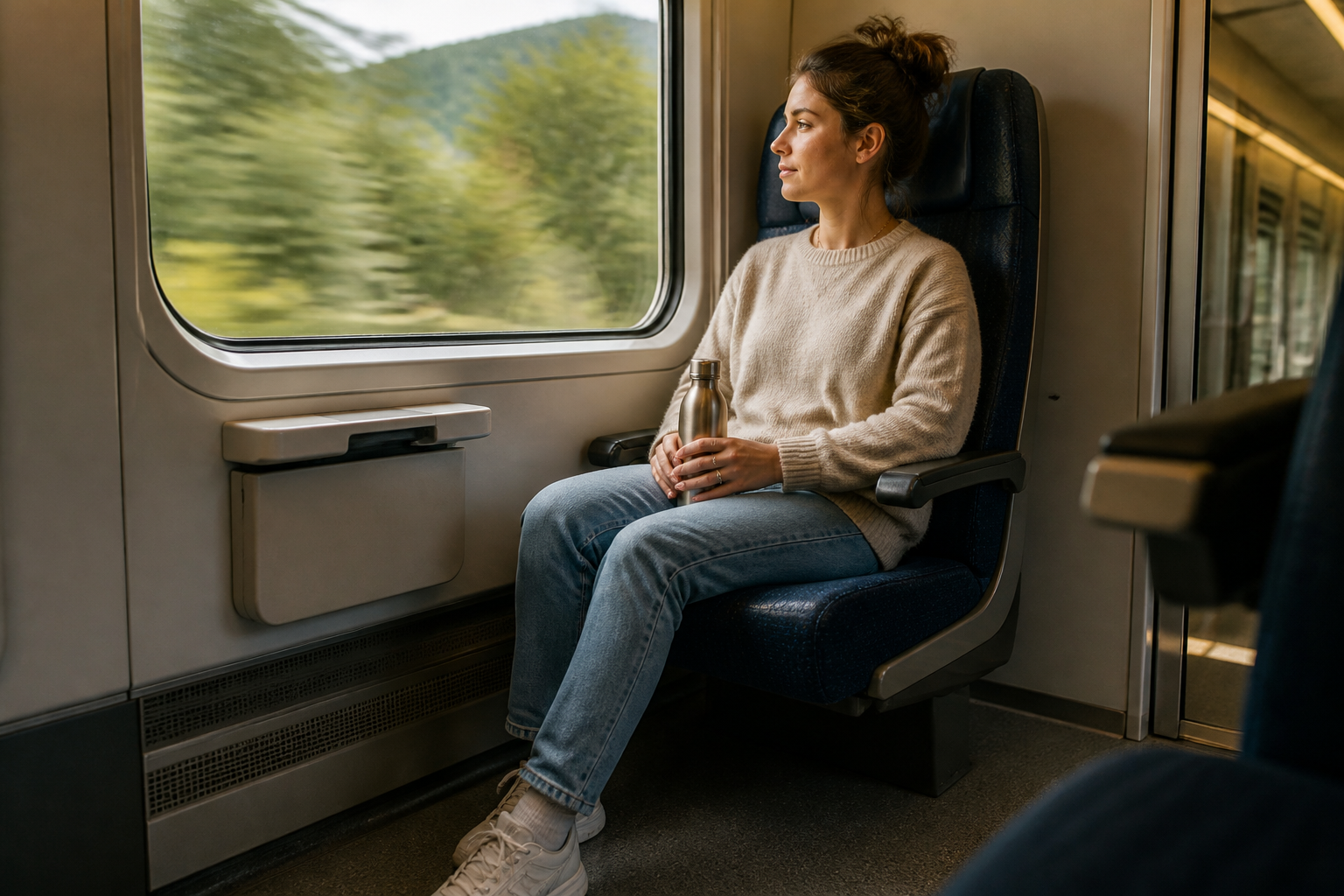 Passageira sentada à janela de um trem respira com calma enquanto observa a paisagem.