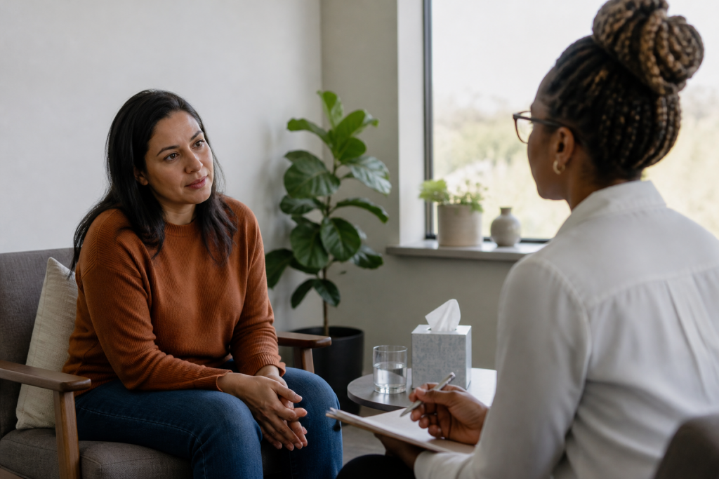 Pessoa adulta conversa com um profissional de saúde em um ambiente acolhedor.