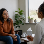 Uso problemático de substâncias: sinais e riscos Pessoa adulta conversa com um profissional de saúde em um ambiente acolhedor.