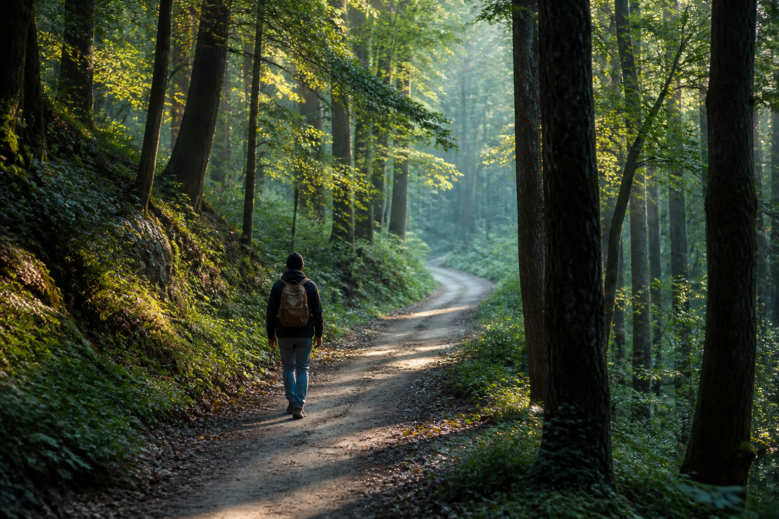 Pessoa avança por uma trilha sinuosa na floresta, cercada por árvores iluminadas pela manhã.
