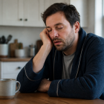 Microssono: sinais, riscos e como prevenir Pessoa cansada sentada à mesa, com os olhos fechando e a cabeça começando a pender.