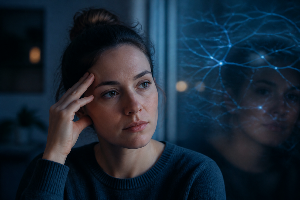 Pessoa com expressão preocupada toca a têmpora enquanto uma luz suave sugere atividade cerebral ao fundo.