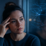 O que a ansiedade provoca no cérebro Pessoa com expressão preocupada toca a têmpora enquanto uma luz suave sugere atividade cerebral ao fundo.
