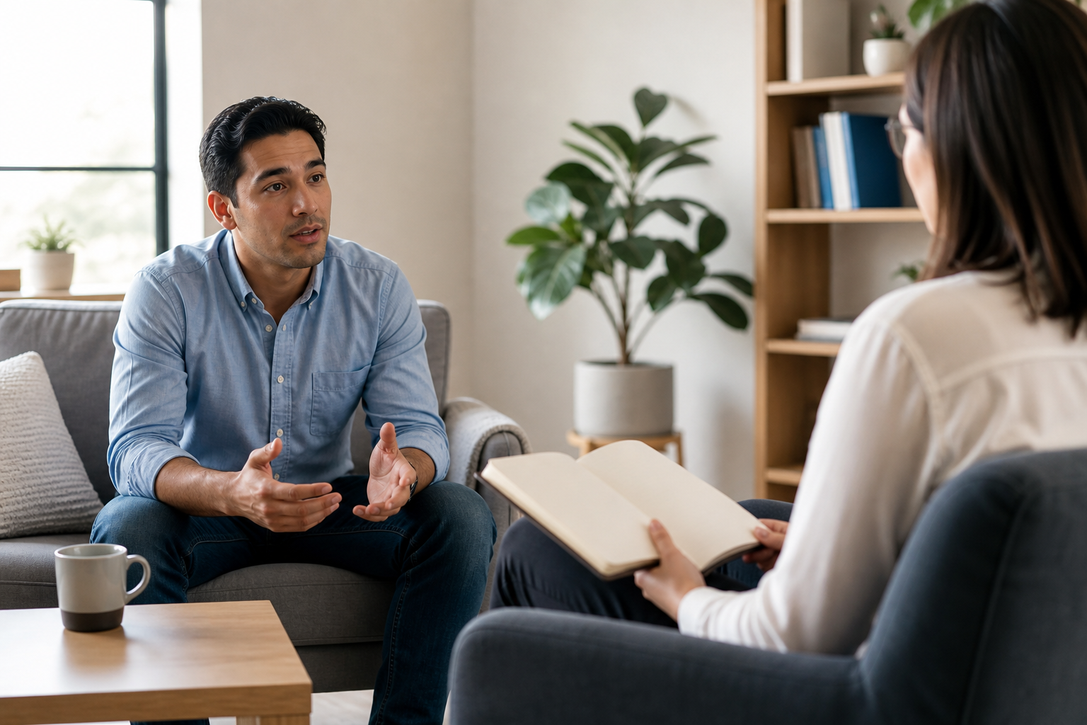 Pessoa conversa com uma profissional de saúde mental em um consultório acolhedor.