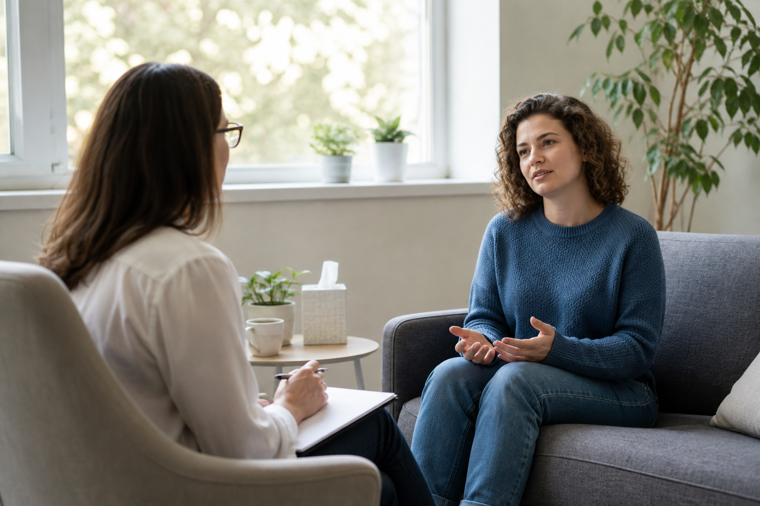 Pessoa conversa com uma terapeuta em um ambiente tranquilo e acolhedor.