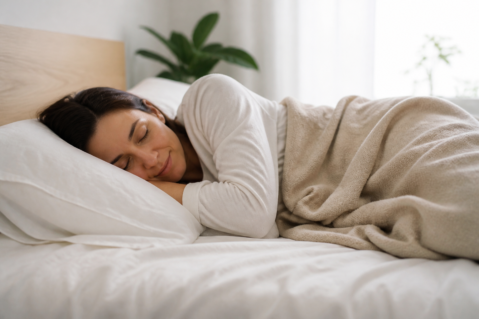 Pessoa descansa deitada em uma cama confortável, com o corpo relaxado em um quarto iluminado suavemente.