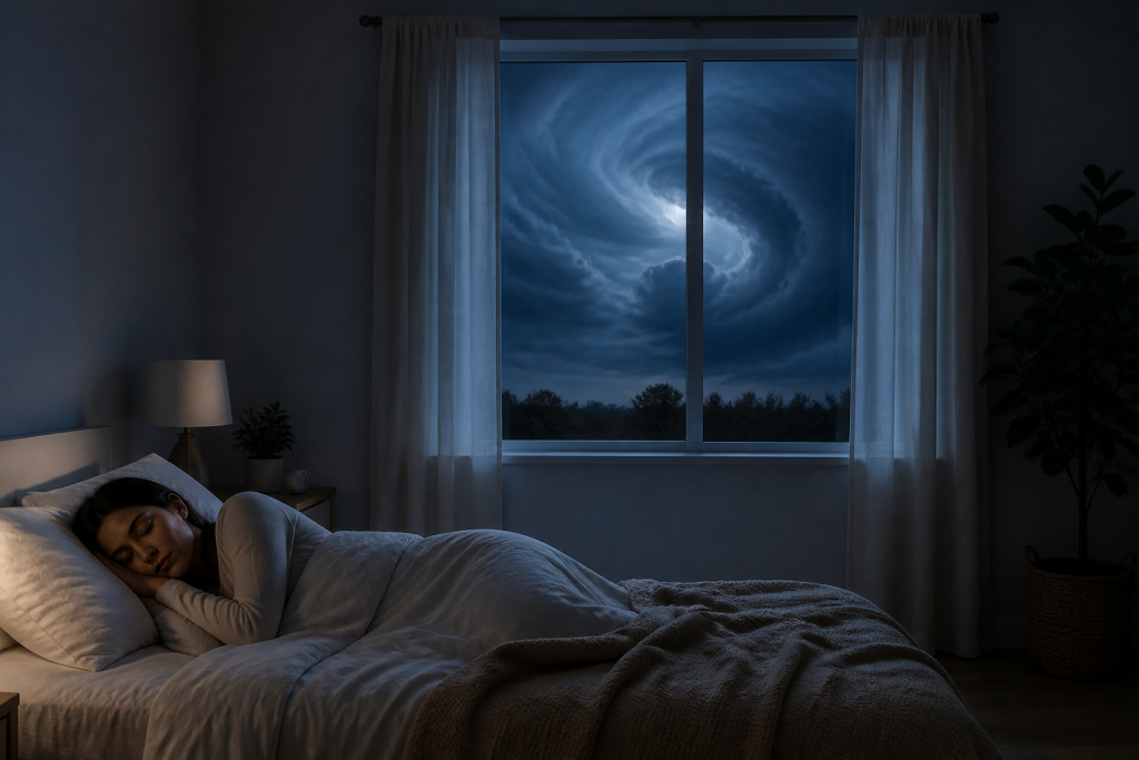Pessoa dormindo em um quarto enquanto uma nuvem em espiral aparece ao longe pela janela.