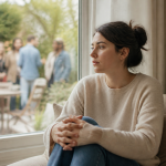 TAG ou ansiedade social: entenda as diferenças Pessoa jovem sentada perto de uma janela, pensativa, com uma reunião social desfocada ao fundo.