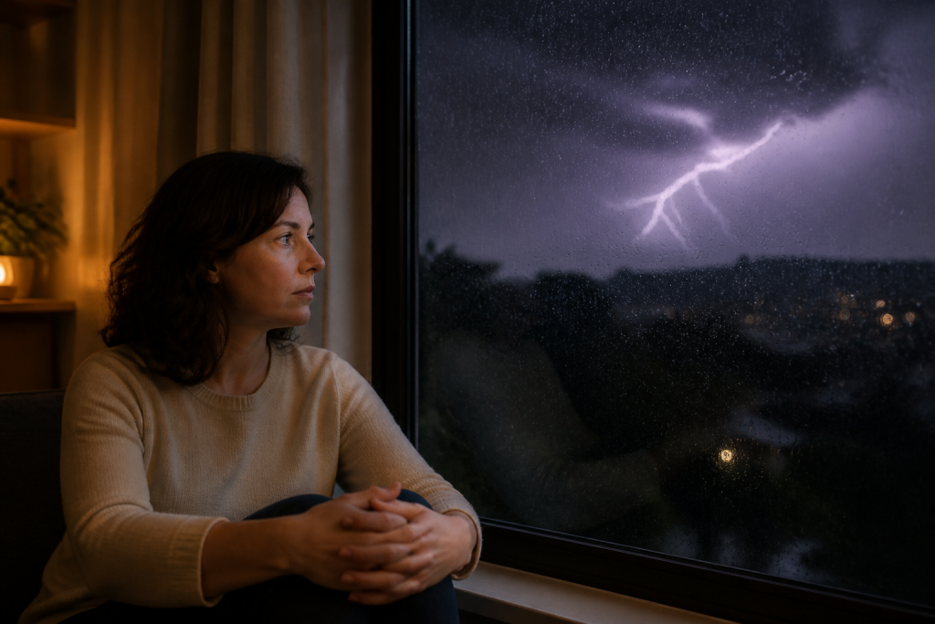 Pessoa observa uma tempestade pela janela de casa, com expressão apreensiva.