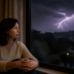 Astrafobia: sintomas, causas e tratamento Pessoa observa uma tempestade pela janela de casa, com expressão apreensiva.