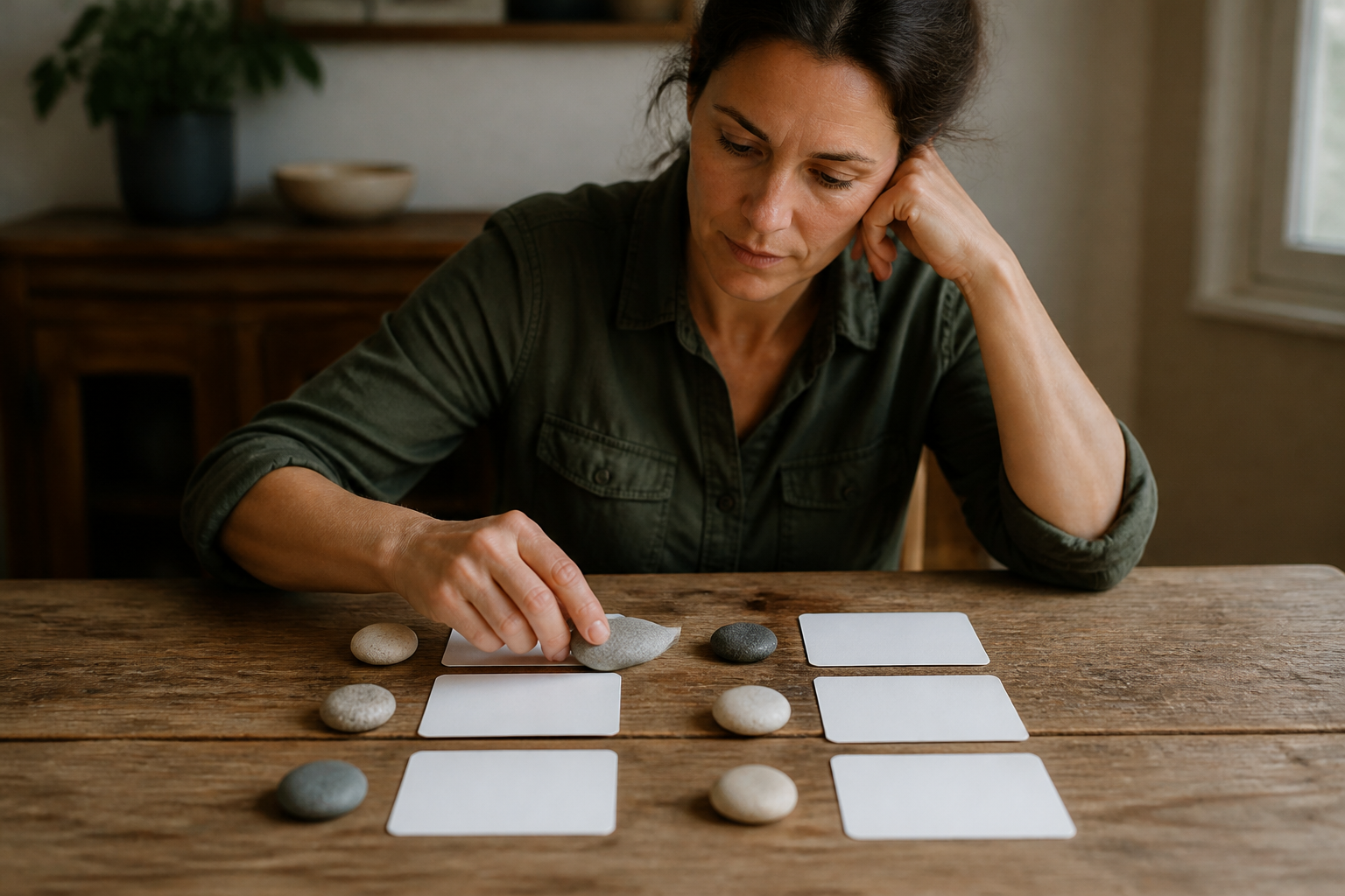 Pessoa organiza cartões em branco e pedras sobre a mesa enquanto reflete sobre suas prioridades.