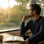 Como medir o sucesso pessoal com seus próprios critérios Pessoa reflete em silêncio junto à janela, com um caderno aberto sobre a mesa.