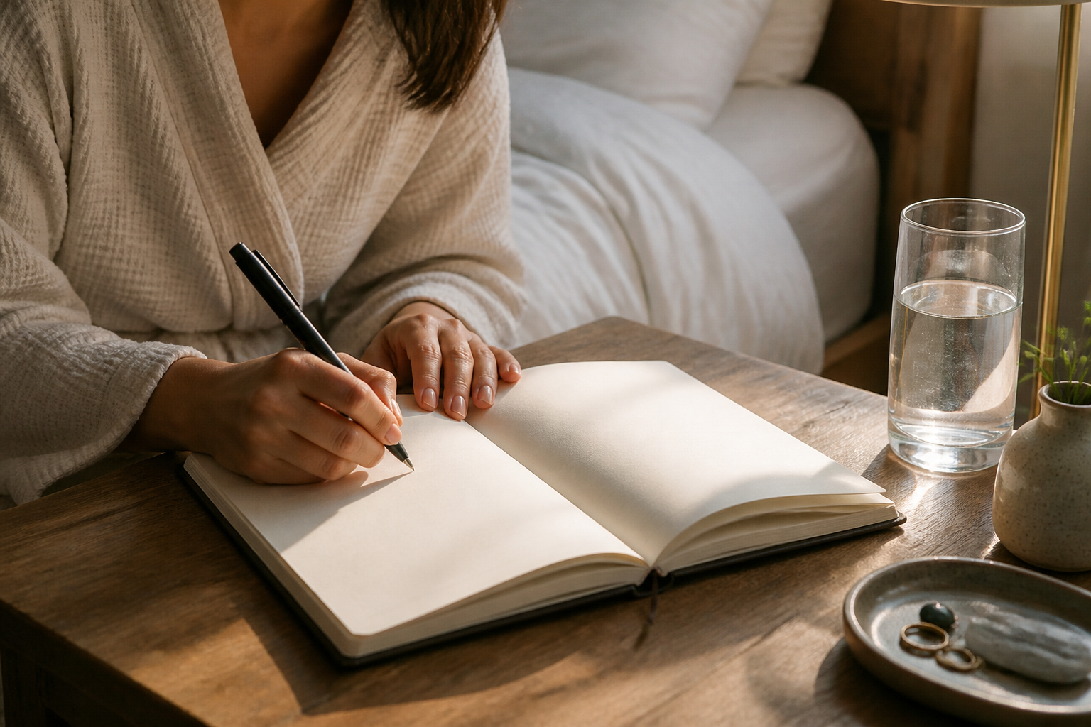 Pessoa registra um sonho em um caderno aberto ao lado da cama.