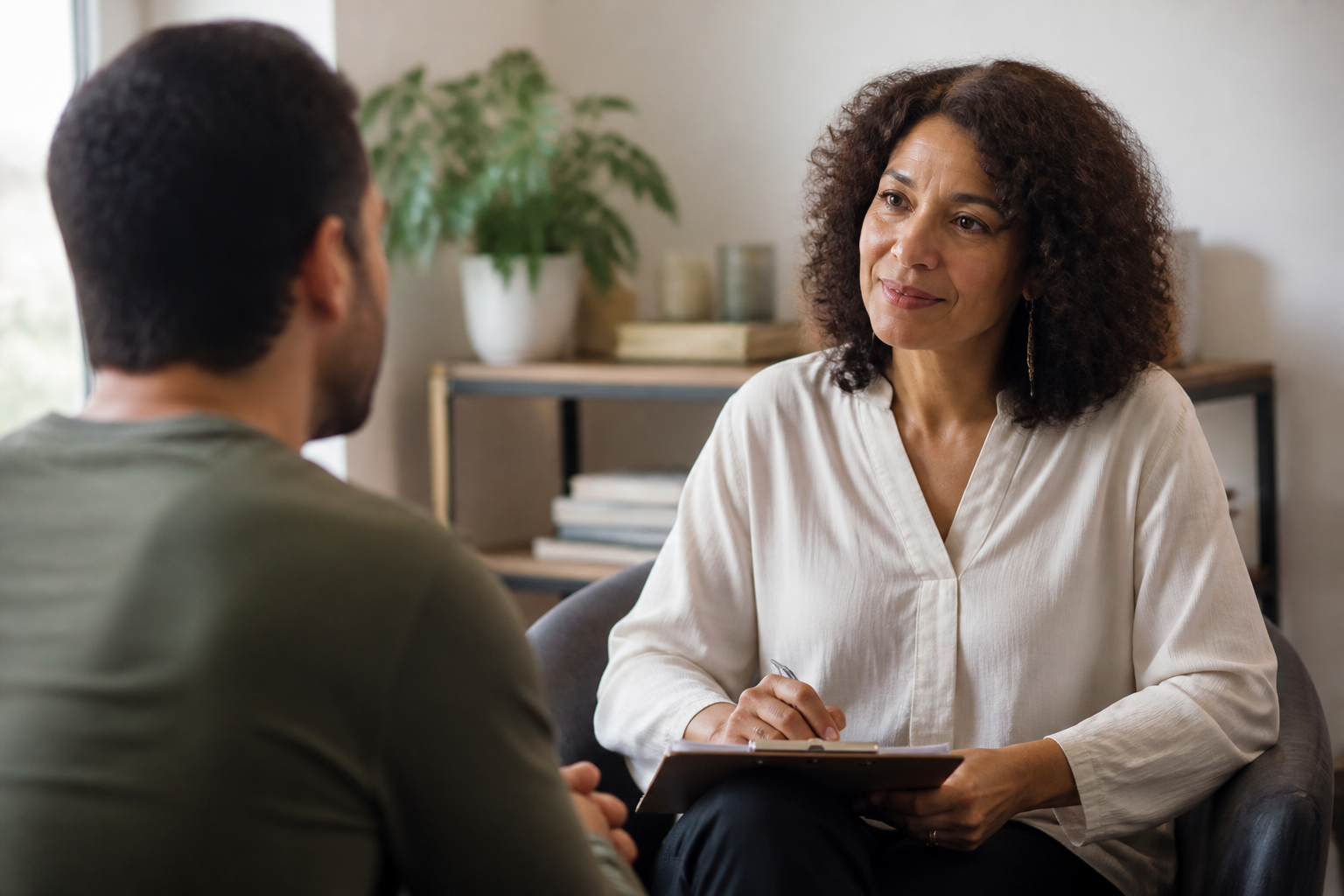 Profissional de saúde conversa com uma pessoa em um consultório acolhedor.
