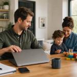 Profissional fecha o laptop em casa enquanto a família se prepara para passar um tempo junto.