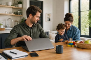 Profissional fecha o laptop em casa enquanto a família se prepara para passar um tempo junto.