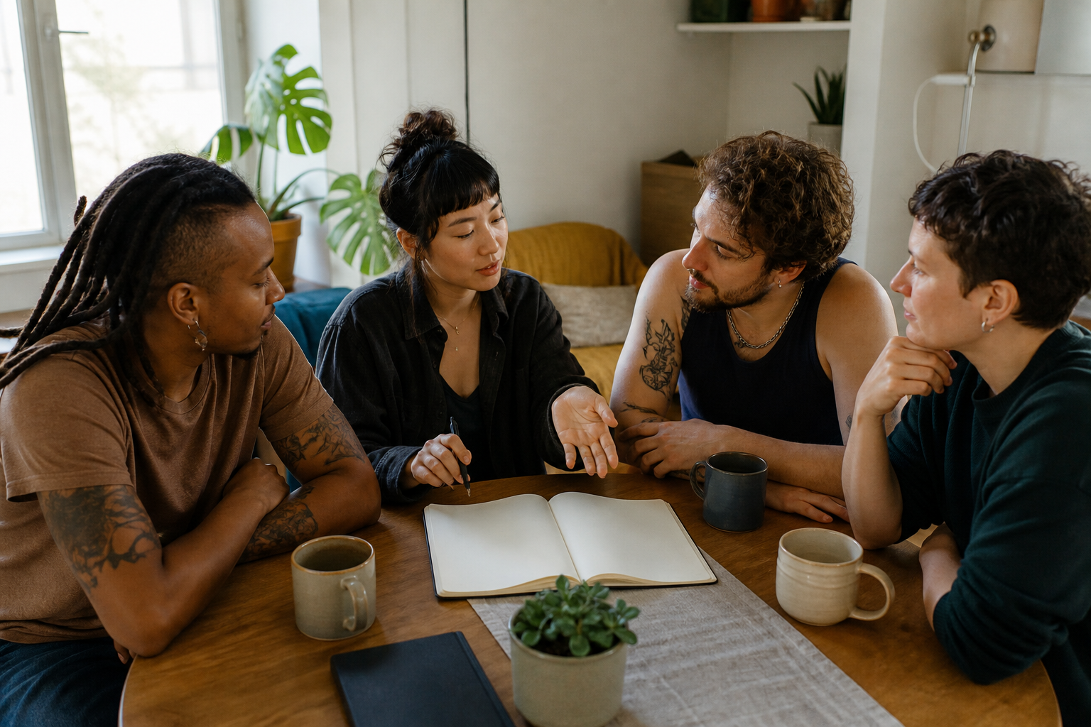 Quatro adultos conversam ao redor de uma mesa e participam juntos de uma decisão.