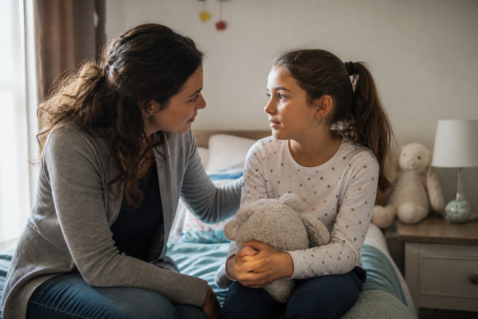 Responsável acolhe uma criança e conversa com ela ao lado da cama.