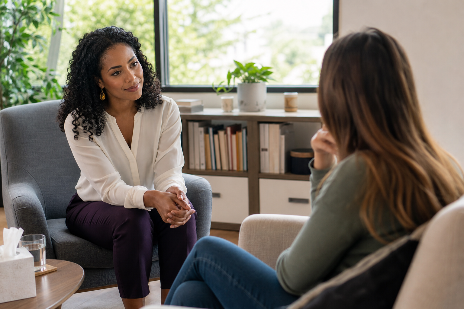 Terapeuta conversa com uma pessoa em um consultório acolhedor.