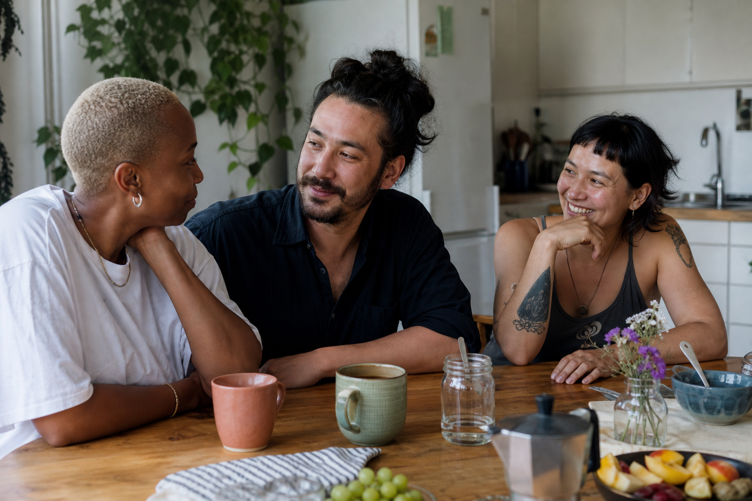 Três adultos compartilham uma conversa à mesa, com gestos tranquilos e atenção mútua.