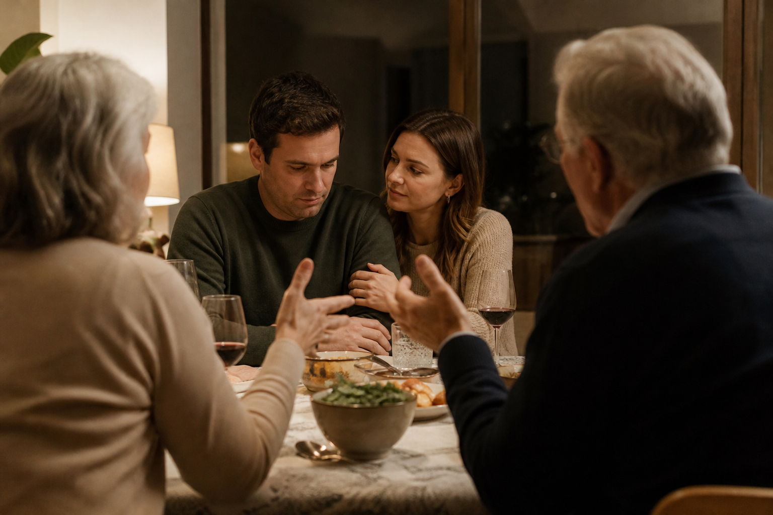 Um casal à mesa durante um jantar em família, sob a influência das opiniões dos parentes.