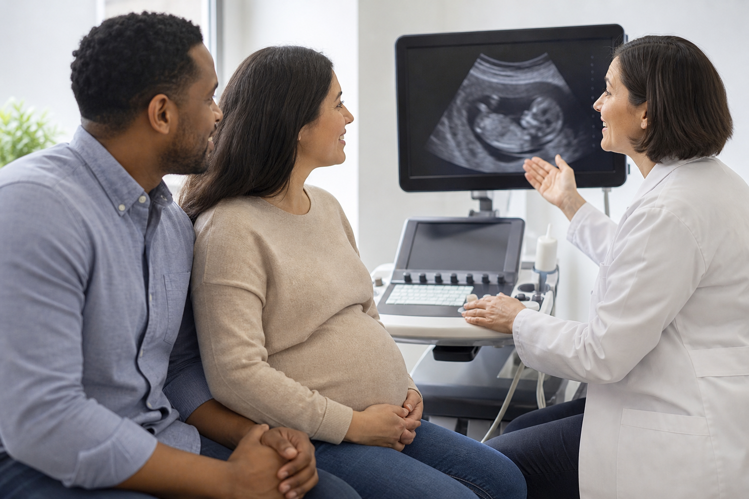 Um casal acompanha uma profissional de saúde durante uma consulta de ultrassom pré-natal.