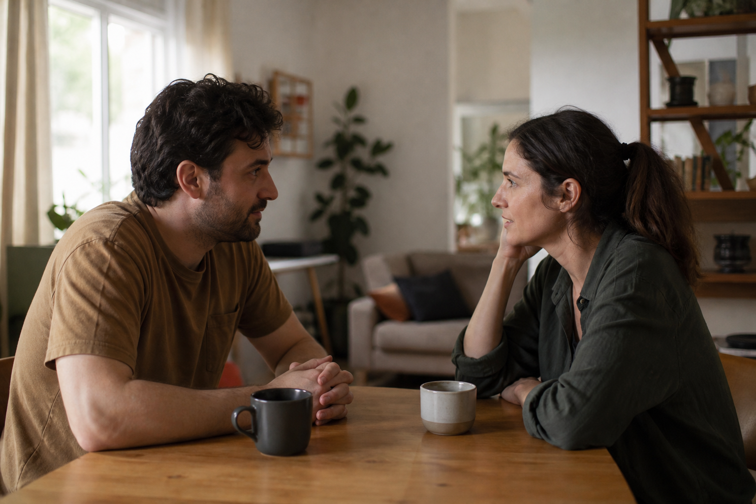 Um casal conversa com atenção à mesa, em um momento sério, mas tranquilo.