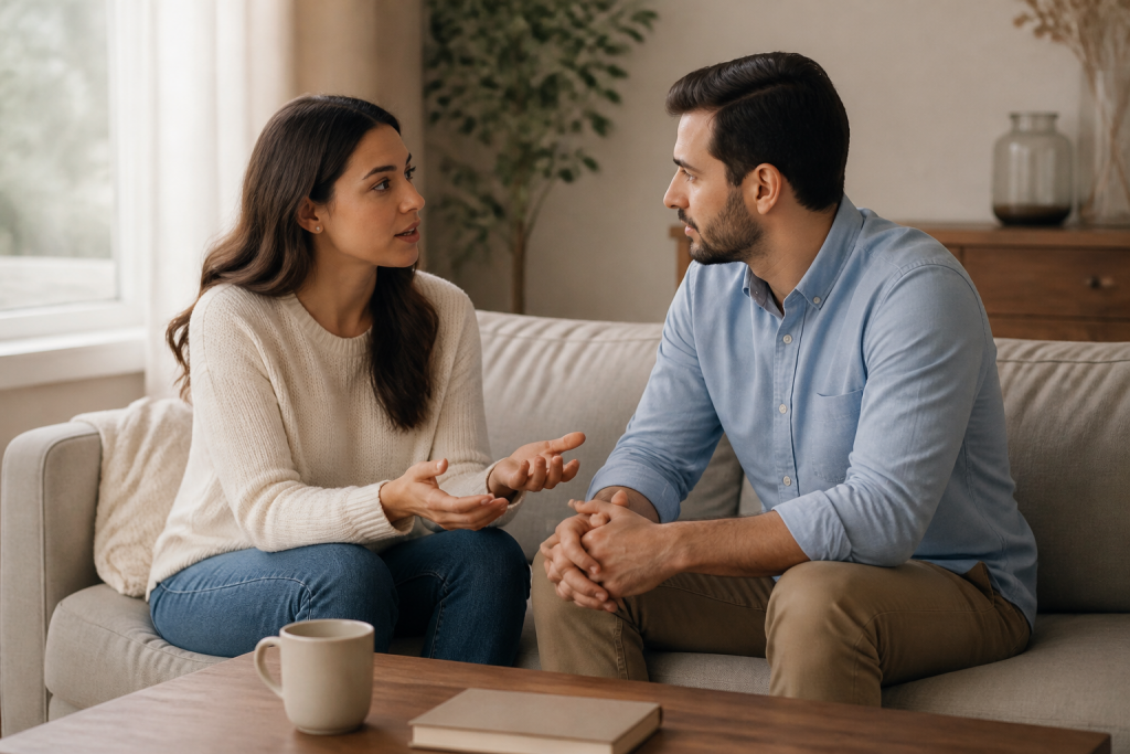 Um casal conversa com atenção na sala de casa, em um momento de escuta e aproximação.