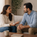 Problemas no casamento: causas e soluções práticas Um casal conversa com atenção na sala de casa, em um momento de escuta e aproximação.