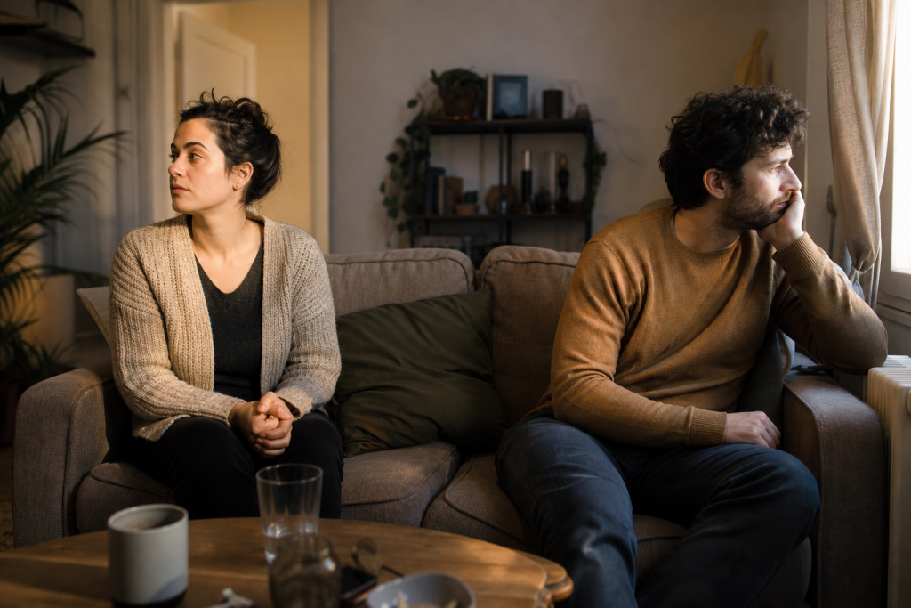 Um casal sentado em lados opostos do sofá, pensativo e distante em casa.