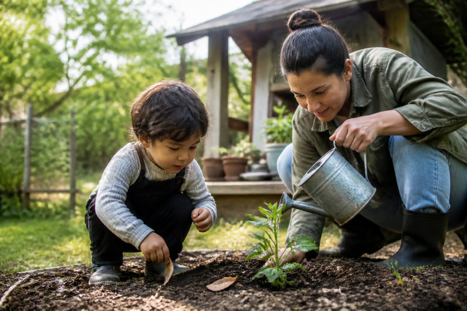 Uma criança explora o jardim e rega uma planta com a presença cuidadosa de um adulto.